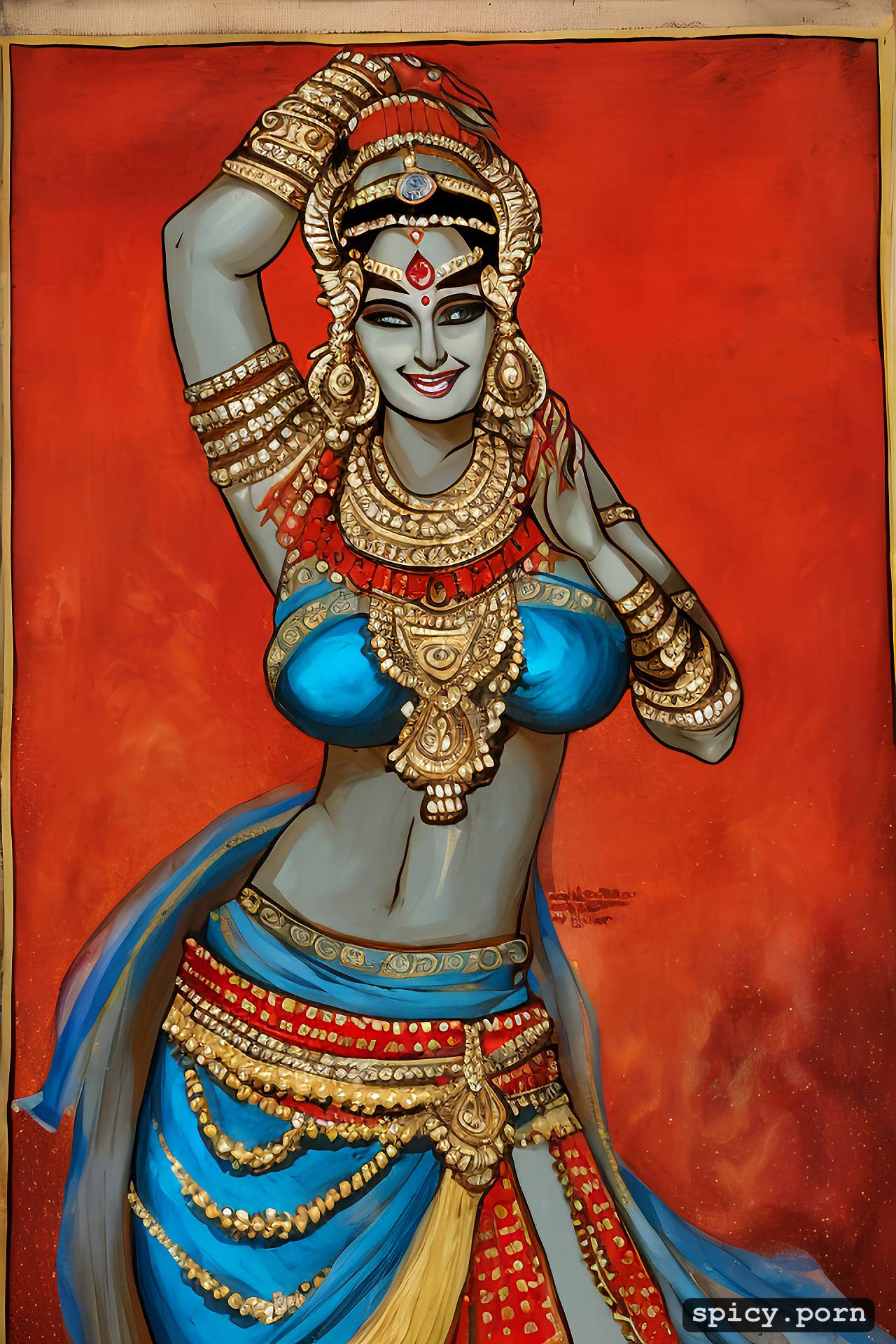 Indian AI: mahabharat, extremely large breasts, dancing, smiling, ancient india