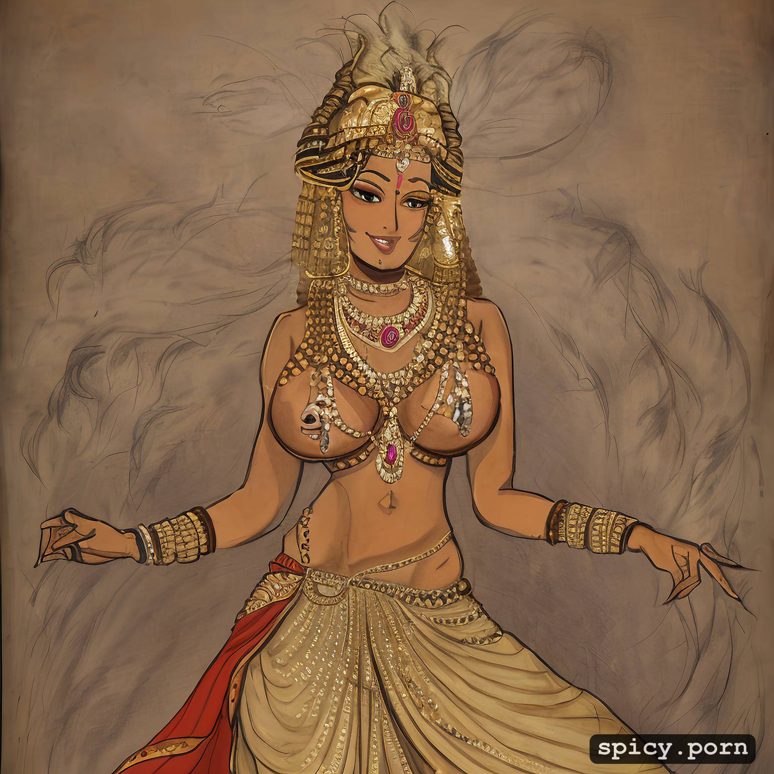 Indian AI: mahabharat, extremely large naked exposed breasts, dancing, smiling