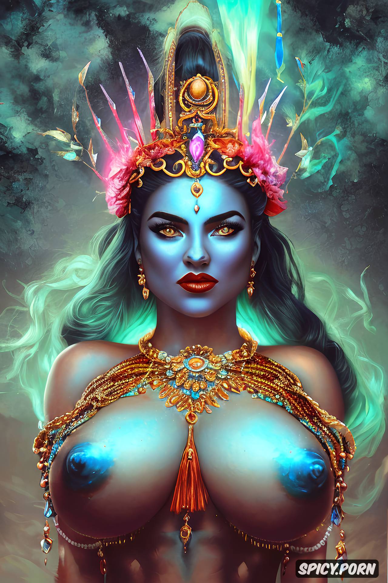 Indian AI: power, massive tits drooping, nudity, destruction, huge bulging nipples painted indigo